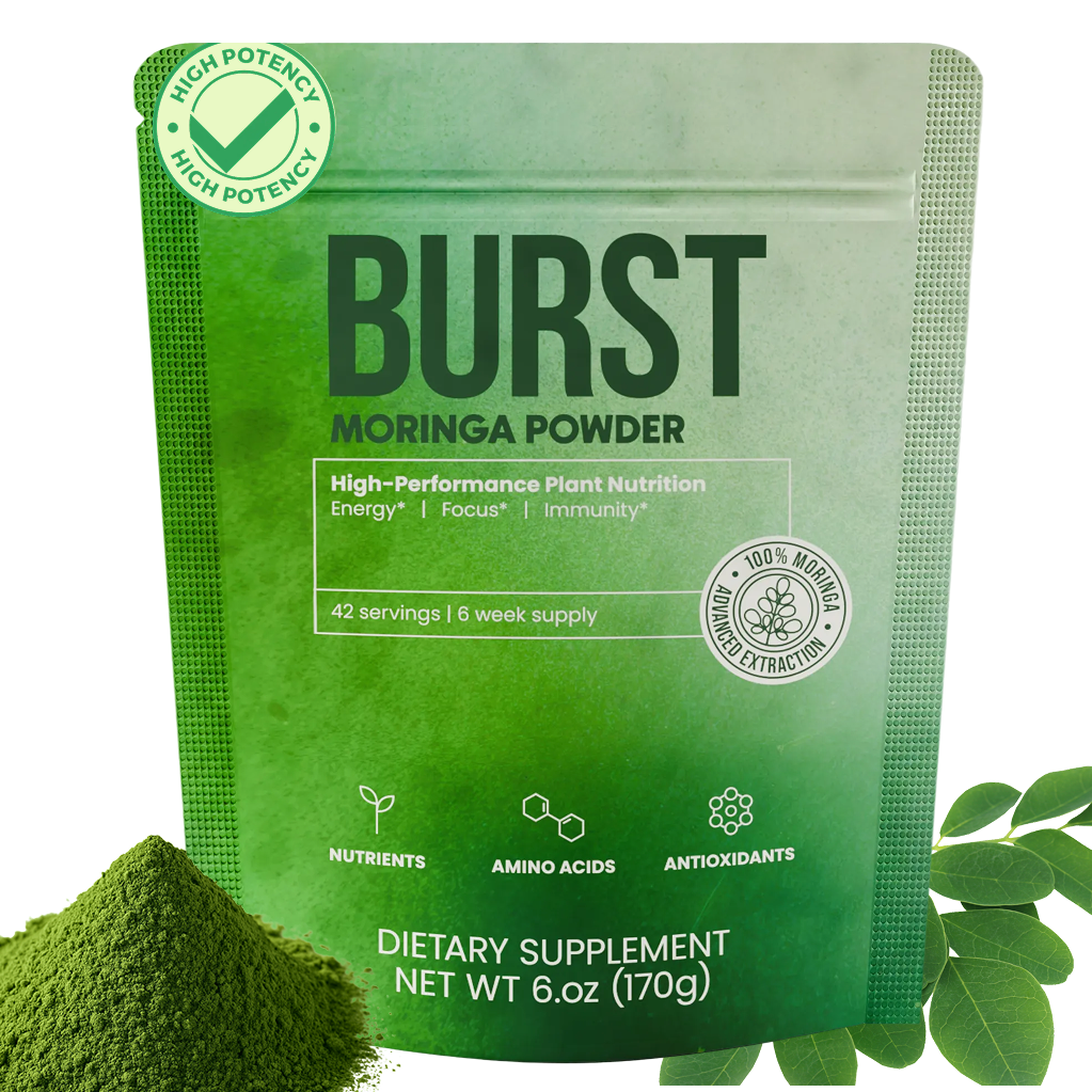 Green package of Burst Moringa Powder with leaves and powder visible.