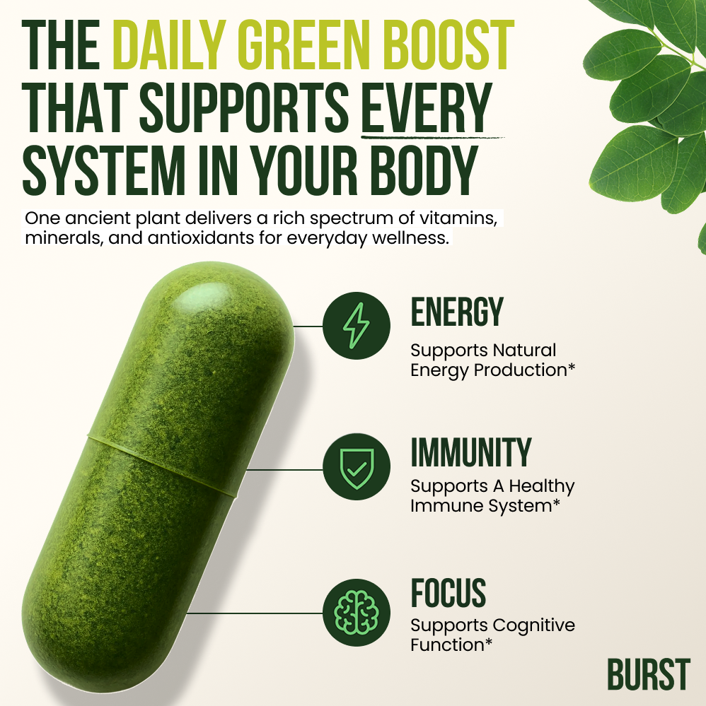 Green moring burst capsule with text about daily green boost supporting body systems on a light background