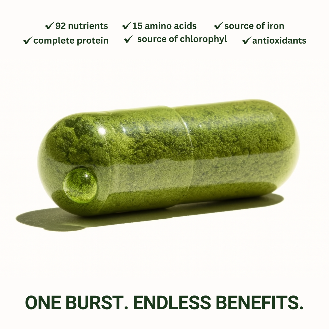 Green Moringa BURST Capsule with nutritional benefits listed on a white background
