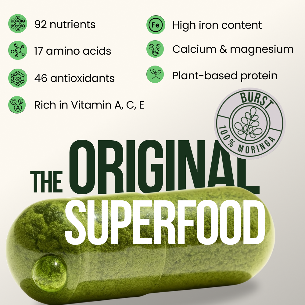 Green Moringa BURST superfood supplement with text highlighting its nutritional benefits on a light gray background.